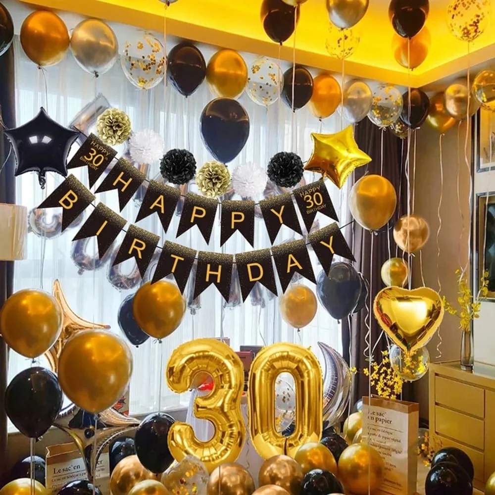 4F82BPYV6 Yansion 30th Birthday Balloons Party Decorations For Women Men Including Happy Birthday Banners Confetti Balloon Latex Black Gold And White Balloon