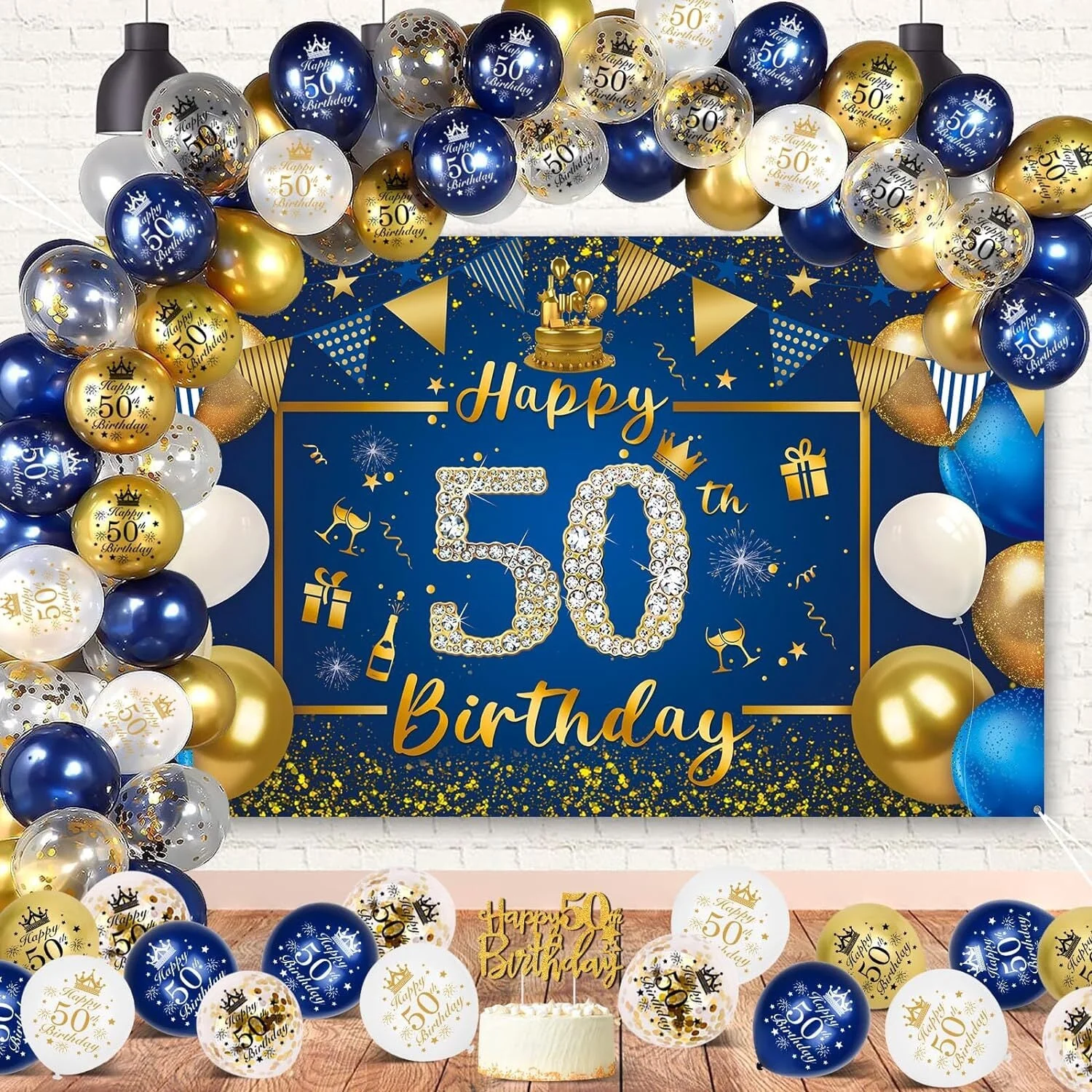50th Birthday Decoration MMTX Blue Gold 50th Birthday Decoration Man Woman Happy Birthday Banner Triangle Banner Gold Confetti Balloon 50th Birthday