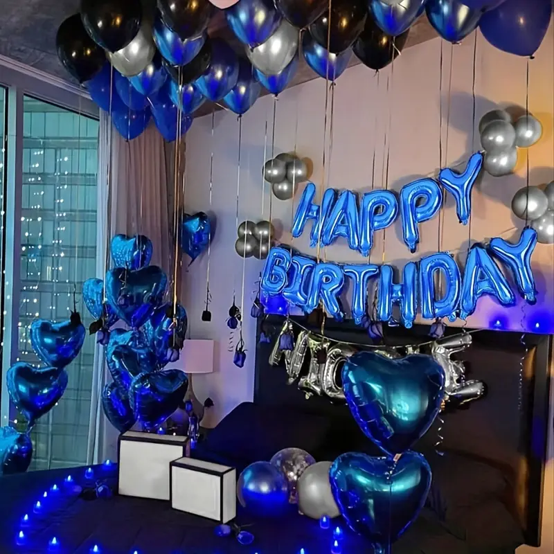 61pcs Set Blue Birthday Party Decoration Kit Including Happy Birthday Banner Latex Balloons Heart Shaped Foil Balloons With Dots And Suitable For Themed Birthday Party Decorations For Men And Women G 601101290472651