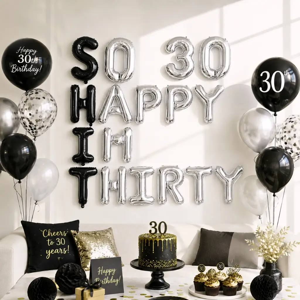 Black Silver So Happy Im Thirty 30 Foil Balloon Banner Silver 30