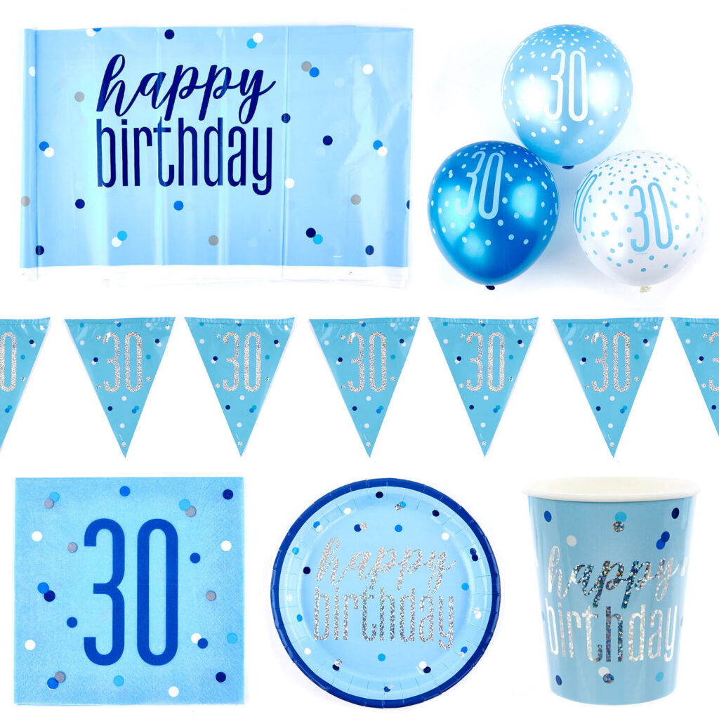 Blue 30th Birthday Party Tableware And Decorations Bundle 16 Guests