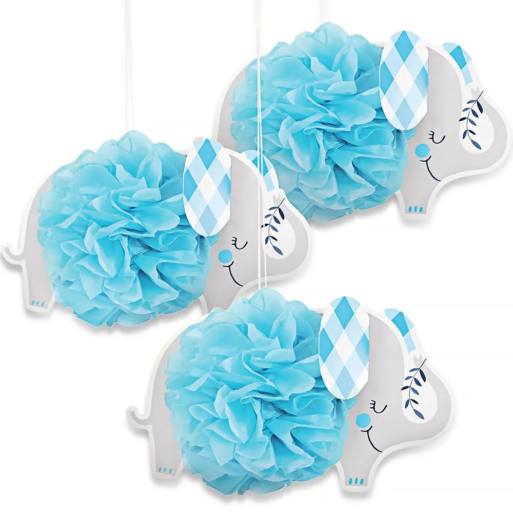 Elephant Hanging Tissue Pom Pom Decorations I Blue I 3 Pcs Elephant Hanging Tissue Pom Pom Decorations I Blue I 3 Pcs