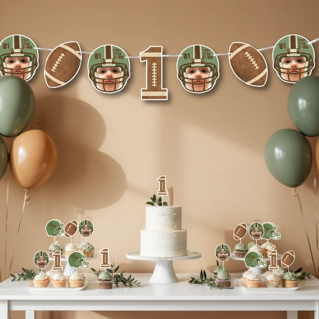 First Year Down Photo Football Birthday Banner Personalized Sports 1st Birthday Decor
