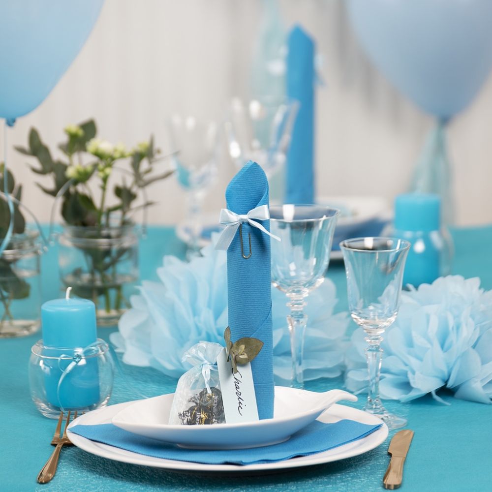 Light Blue Table Decorations With Paper Flowers Balloons A Napkin Folded Like A Tower And Place Cards
